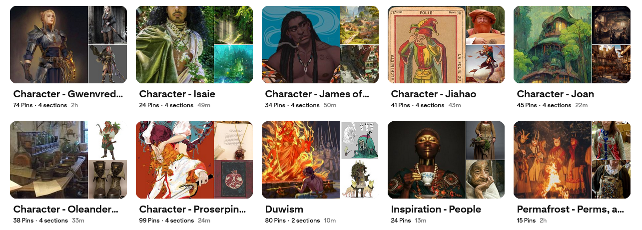 screenshot of several pinterest boards about various characters from my story. click for access to the account